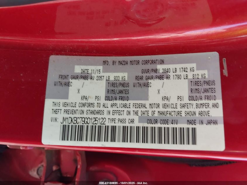 2016 Mazda Cx-3 Touring VIN: JM1DKBC79G0125122 Lot: 43180695