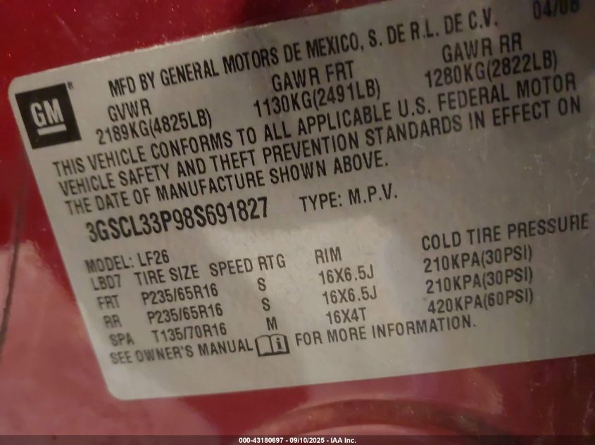 2008 Saturn Vue 4-Cyl Xe VIN: 3GSCL33P98S691827 Lot: 43180697