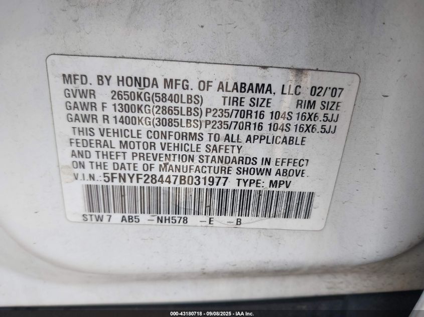 2007 Honda Pilot Ex VIN: 5FNYF28447B031977 Lot: 43180718