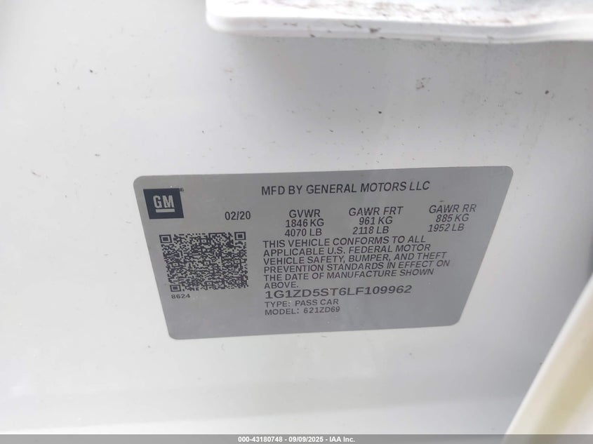 2020 Chevrolet Malibu Fwd Lt VIN: 1G1ZD5ST6LF109962 Lot: 43180748