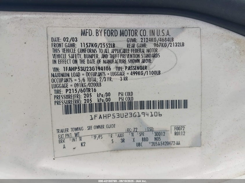 2003 Ford Taurus Se VIN: 1FAHP53U23G194106 Lot: 43180769