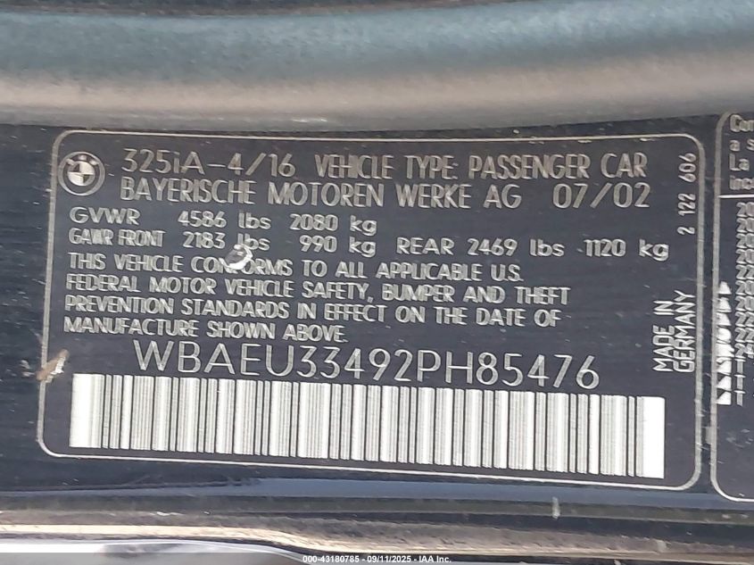 2002 BMW 325Xi VIN: WBAEU33492PH85476 Lot: 43180785