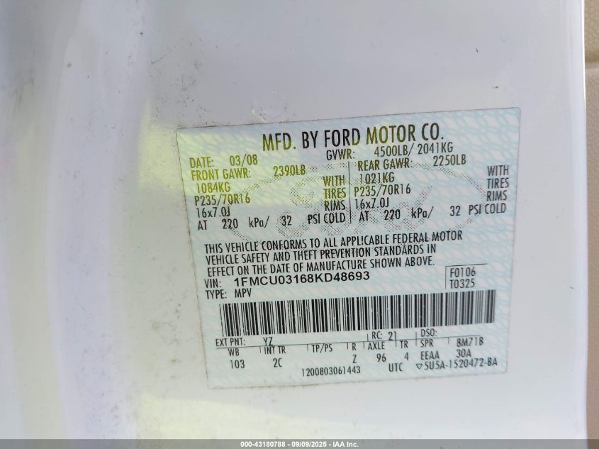 2008 Ford Escape Xlt VIN: 1FMCU03168KD48693 Lot: 43180788