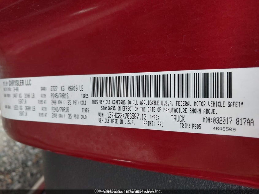 2008 Mitsubishi Raider Ls VIN: 1Z7HC22K78S587113 Lot: 43180830