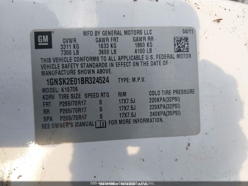 2011 Chevrolet Tahoe Commercial Fleet VIN: 1GNSK2E01BR324524 Lot: 43180838