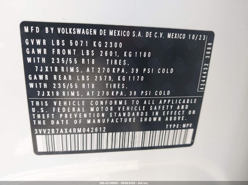 2024 Volkswagen Tiguan 2.0T Se/2.0T Wolfsburg Edition VIN: 3VV2B7AX4RM042612 Lot: 43180880
