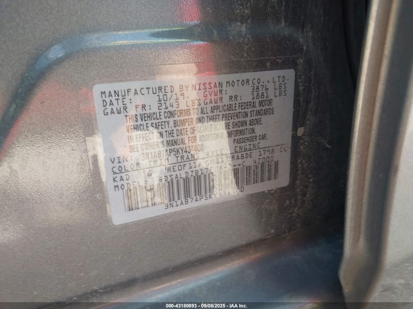 2019 Nissan Sentra Sv VIN: 3N1AB7AP5KY434400 Lot: 43180893