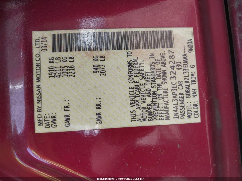 2014 NISSAN ALTIMA 2.5 S - 1N4AL3AP3EC324287