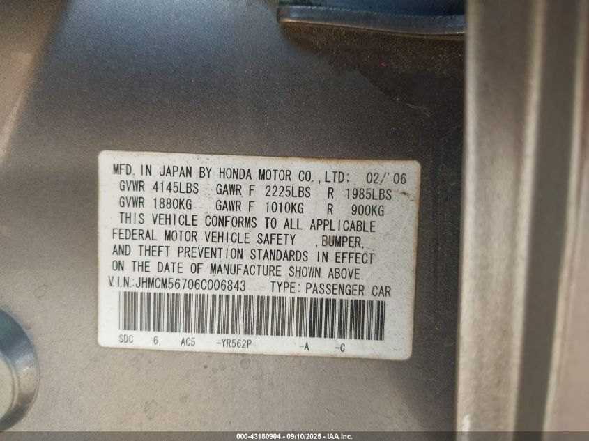 2006 Honda Accord 2.4 Ex VIN: JHMCM56706C006843 Lot: 43180904