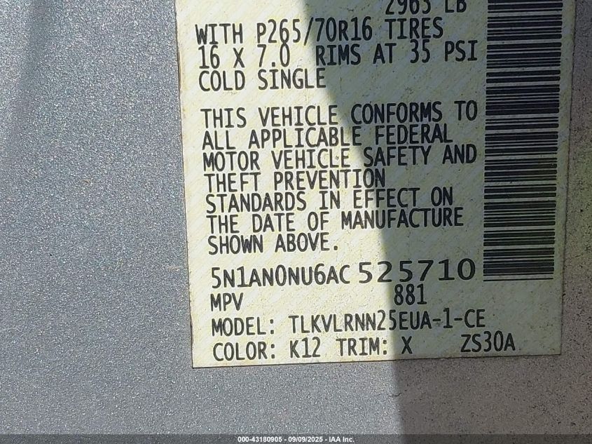 2010 Nissan Xterra S VIN: 5N1AN0NU6AC525710 Lot: 43180905