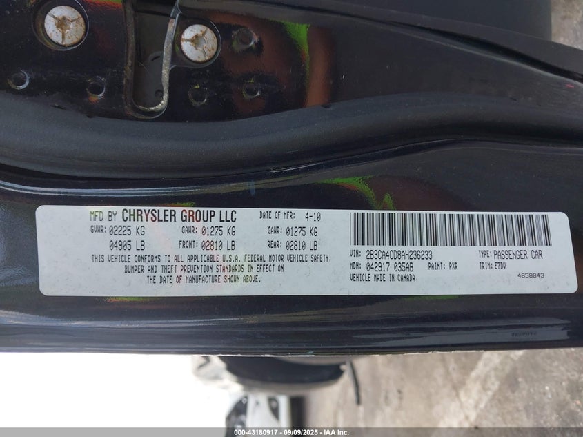 2010 Dodge Charger VIN: 2B3CA4CD8AH236233 Lot: 43180917