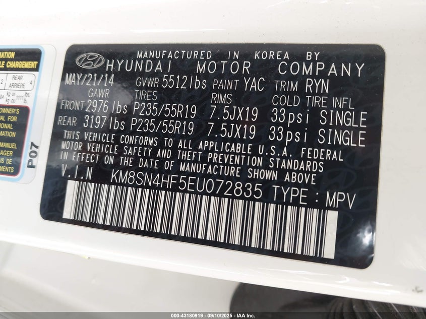 2014 HYUNDAI SANTA FE LIMITED - KM8SN4HF5EU072835