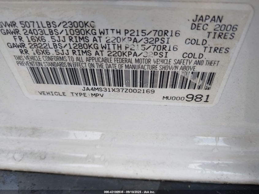 2007 Mitsubishi Outlander Es/Ls VIN: JA4MS31X37Z002169 Lot: 43180935