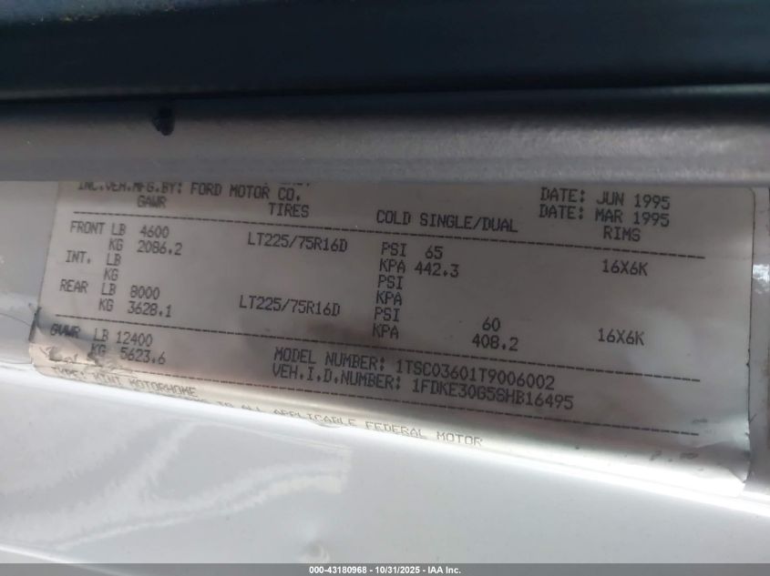 1995 Ford Econoline E350 Cutaway Van VIN: 1FDKE30G5SHB16495 Lot: 43180968