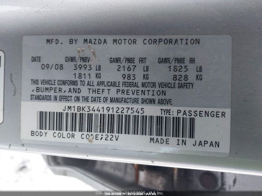 2009 Mazda Mazda3 S Touring VIN: JM1BK344191227545 Lot: 43180979