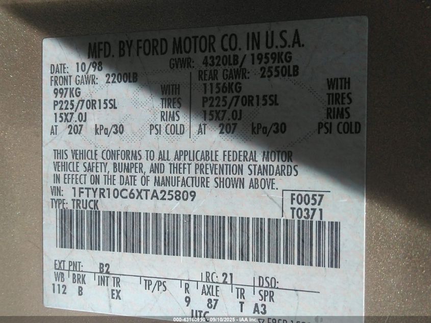1999 Ford Ranger Xl/Xlt VIN: 1FTYR10C6XTA25809 Lot: 43180990