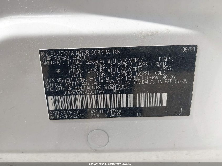 2009 Toyota Rav4 VIN: JTMZF33V79D001165 Lot: 43180995