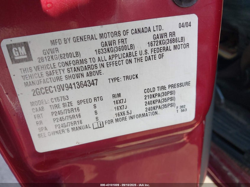 2004 Chevrolet Silverado 1500 Ls VIN: 2GCEC19V941364347 Lot: 43181009