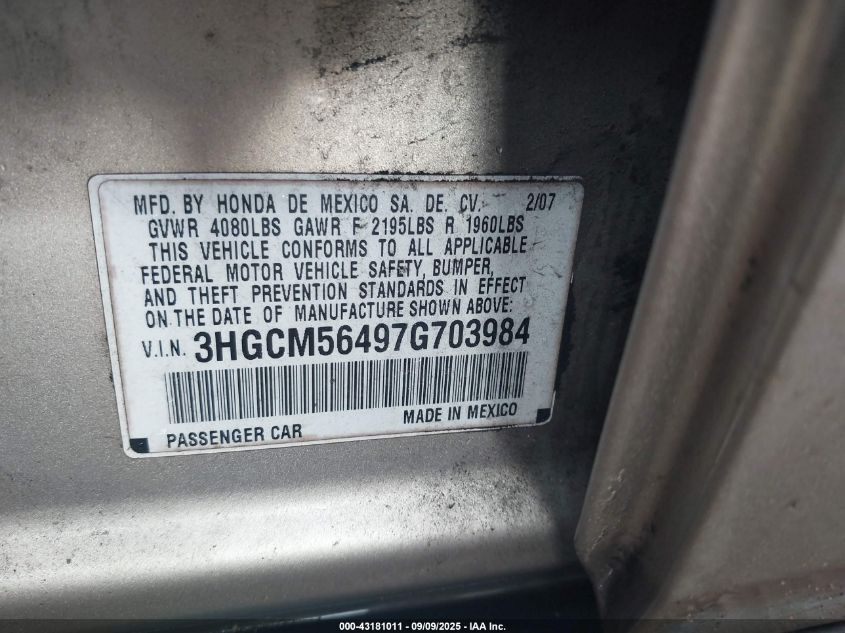 2007 Honda Accord 2.4 Lx VIN: 3HGCM56497G703984 Lot: 43181011