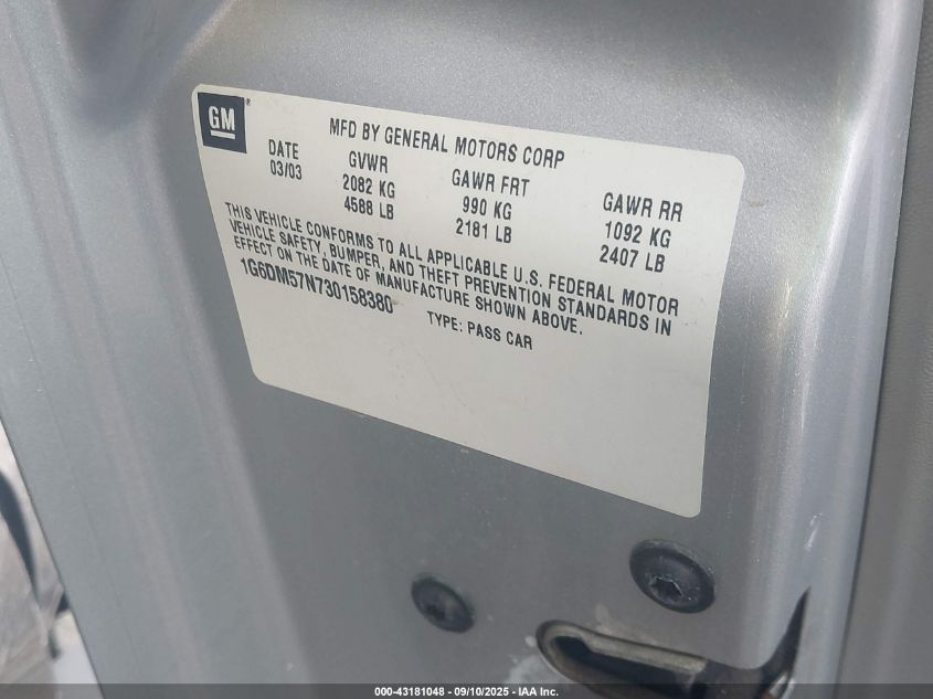 2003 Cadillac Cts Standard VIN: 1G6DM57N730158380 Lot: 43181048