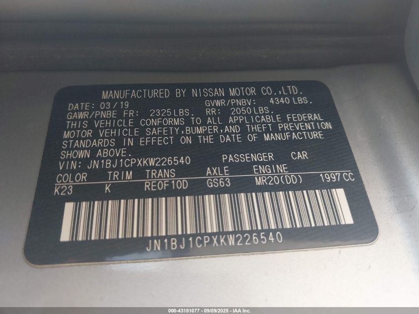 2019 Nissan Rogue Sport Sl VIN: JN1BJ1CPXKW226540 Lot: 43181077