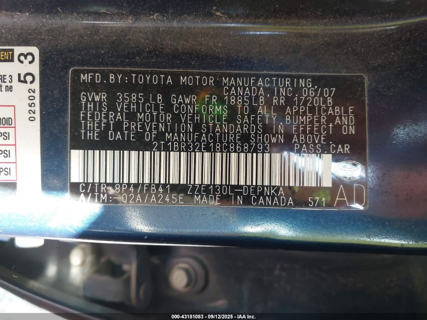 2008 Toyota Corolla Le VIN: 2T1BR32E18C868793 Lot: 43181083