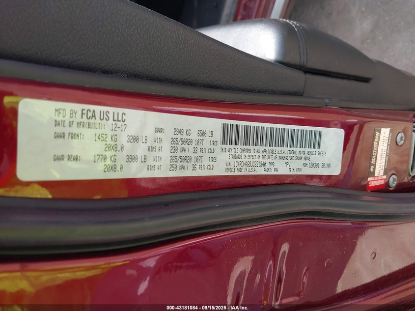 2018 Dodge Durango Sxt Rwd VIN: 1C4RDHAG9JC231940 Lot: 43181084