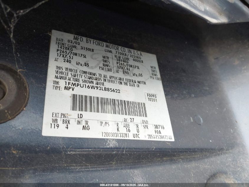 2003 Ford Expedition Xlt VIN: 1FMPU16W93LB85622 Lot: 43181086