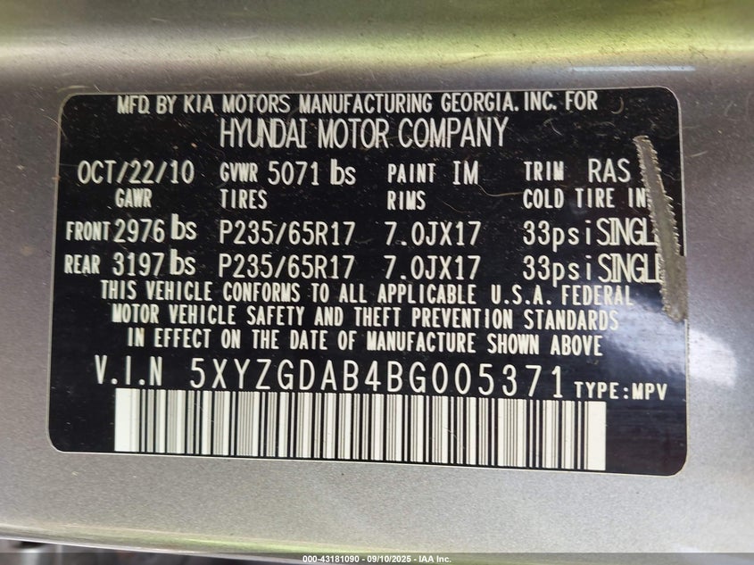 2011 Hyundai Santa Fe Gls VIN: 5XYZGDAB4BG005371 Lot: 43181090