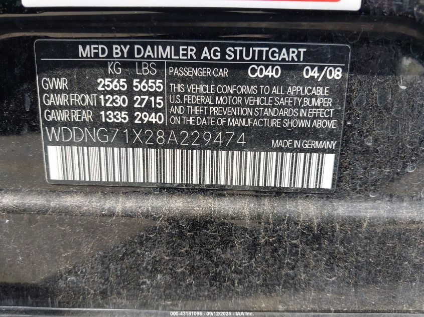 2008 Mercedes-Benz S 550 VIN: WDDNG71X28A229474 Lot: 43181096