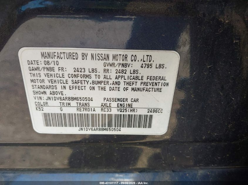 2011 Infiniti G25X VIN: JN1DV6AR8BM650504 Lot: 43181117