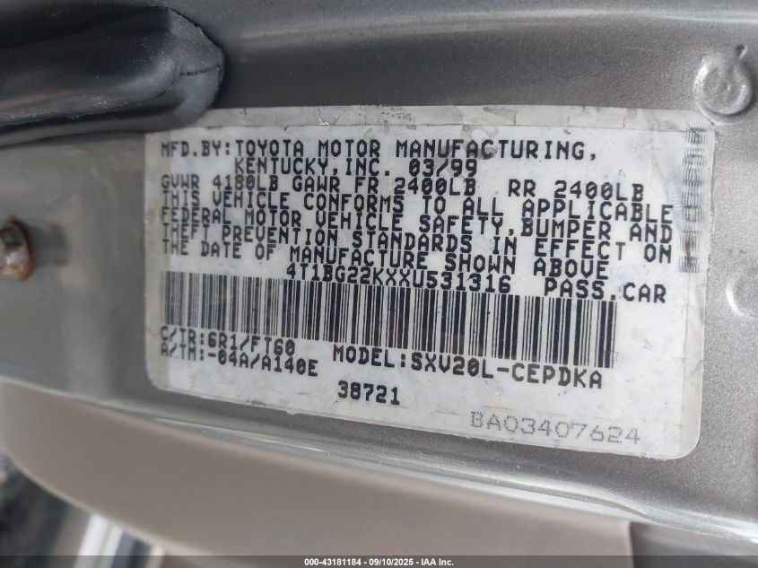 1999 Toyota Camry Ce VIN: 4T1BG22KXXU531316 Lot: 43181184