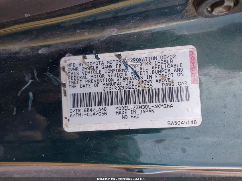 2002 Toyota Mr2 Spyder VIN: JTDFR320320051235 Lot: 43181194