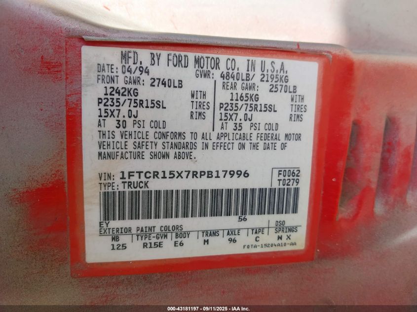 1994 Ford Ranger Super Cab VIN: 1FTCR15X7RPB17996 Lot: 43181197