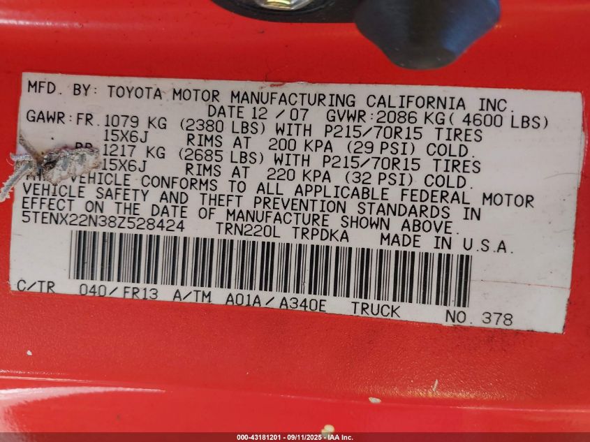 2008 Toyota Tacoma VIN: 5TENX22N38Z528424 Lot: 43181201