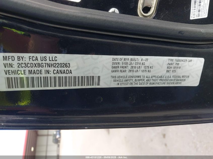 2022 Dodge Charger Sxt VIN: 2C3CDXBG7NH220263 Lot: 43181220