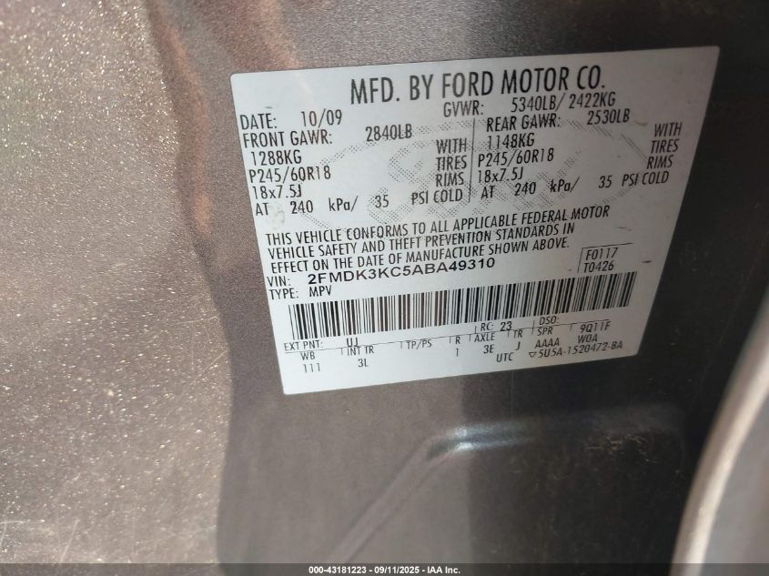 2010 Ford Edge Limited VIN: 2FMDK3KC5ABA49310 Lot: 43181223