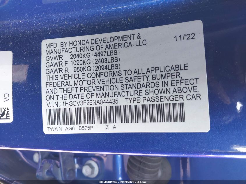 2022 Honda Accord Hybrid Sport VIN: 1HGCV3F26NA044435 Lot: 43181232