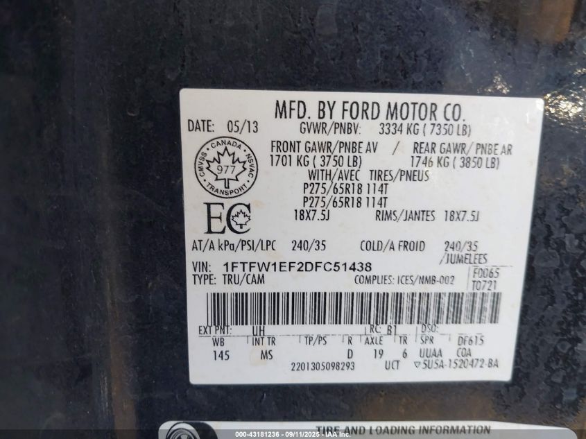 2013 Ford F-150 Xlt VIN: 1FTFW1EF2DFC51438 Lot: 43181236