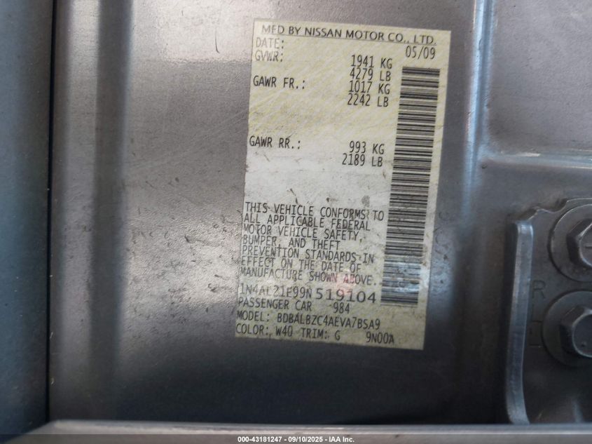 2009 Nissan Altima 2.5 S VIN: 1N4AL21E99N519104 Lot: 43181247