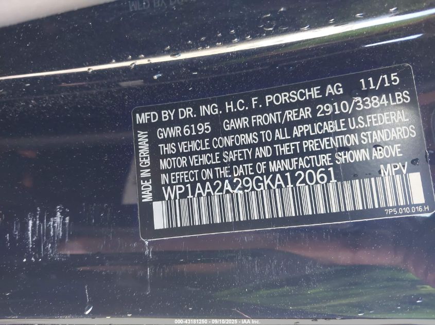 2016 Porsche Cayenne VIN: WP1AA2A29GKA12061 Lot: 43181250