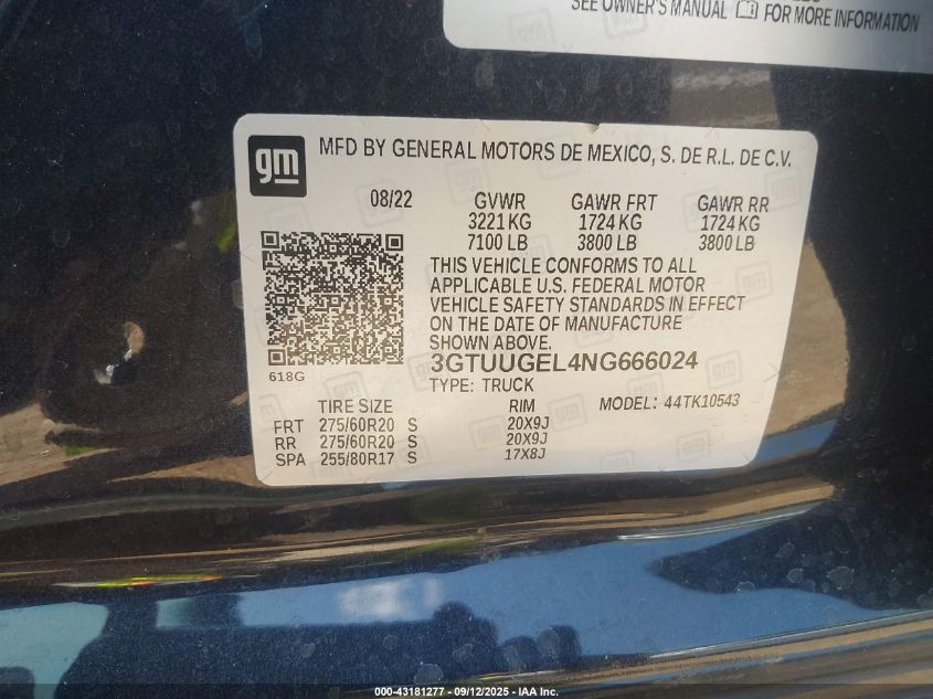 2022 GMC Sierra 1500 4Wd Short Box Denali VIN: 3GTUUGEL4NG666024 Lot: 43181277