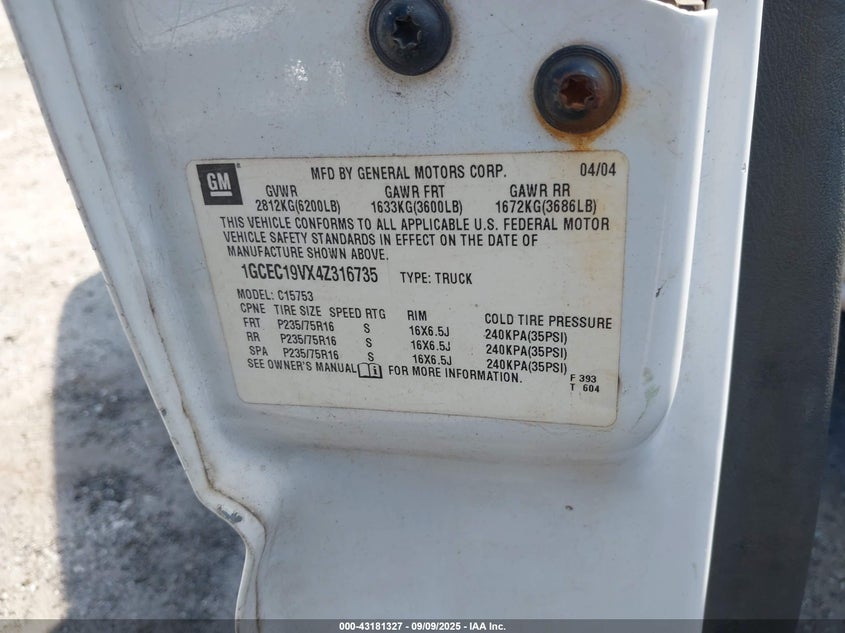 2004 Chevrolet Silverado 1500 Work Truck VIN: 1GCEC19VX4Z316735 Lot: 43181327