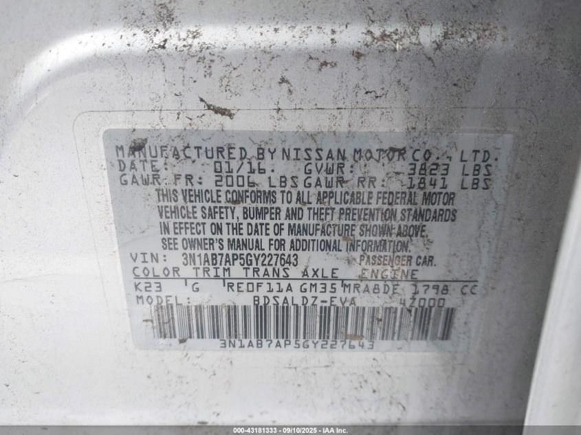 2016 Nissan Sentra Sv VIN: 3N1AB7AP5GY227643 Lot: 43181333