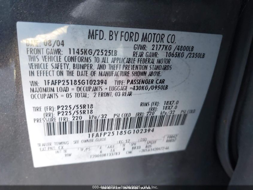 2005 Ford Five Hundred Limited VIN: 1FAFP25185G102394 Lot: 43181339