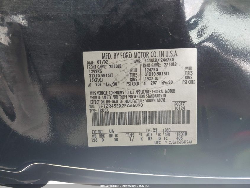 2002 Ford Ranger Edge/Xlt VIN: 1FTZR45EX2PA66090 Lot: 43181338