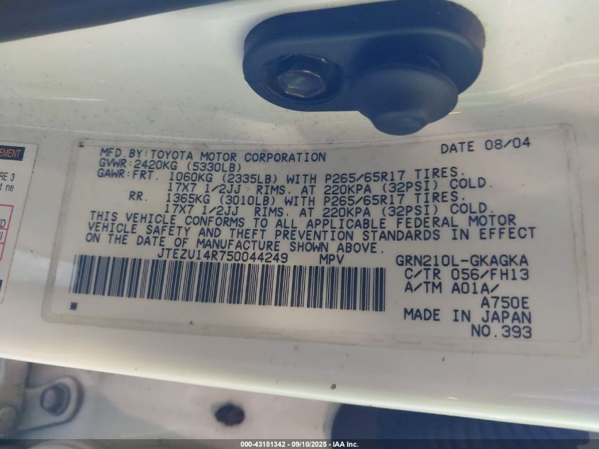 2005 Toyota 4Runner Sr5 Sport V6 VIN: JTEZU14R750044249 Lot: 43181342