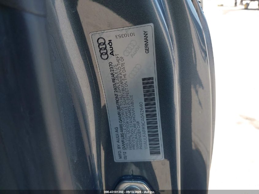 2012 Audi A5 2.0T Premium VIN: WAULFAFR9CA042640 Lot: 43181350