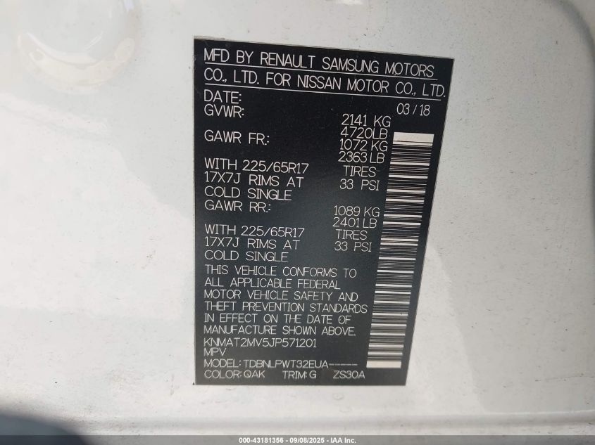 2018 Nissan Rogue S VIN: KNMAT2MV5JP571201 Lot: 43181356