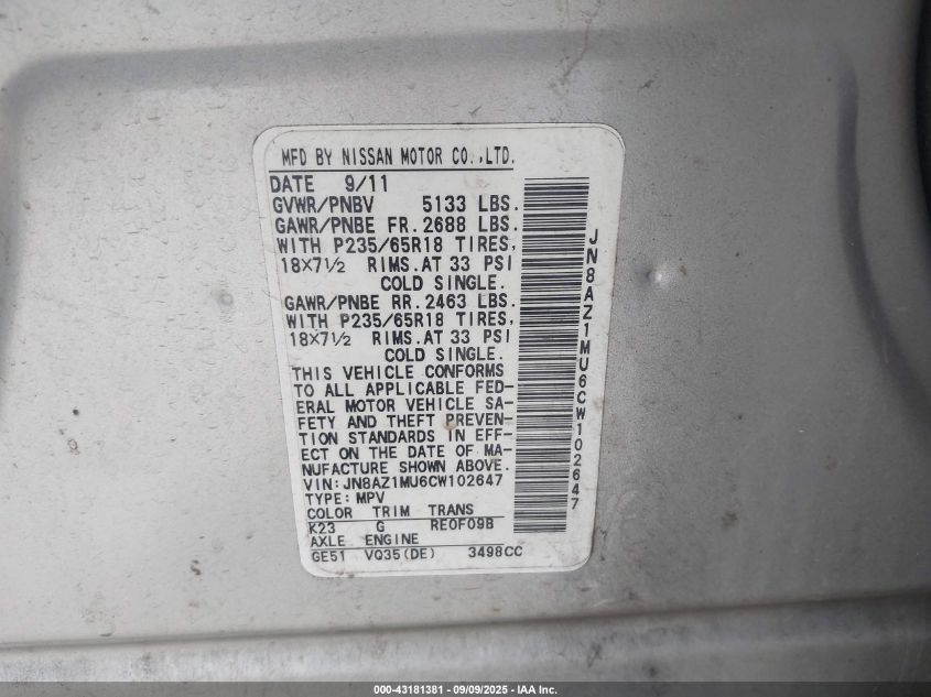 2012 Nissan Murano Sl VIN: JN8AZ1MU6CW102647 Lot: 43181381